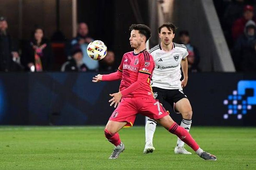 ST. LOUIS, MO - MARCH 23: Tomas Ostrak #7 of St. Louis City SC controls the ball during a game between D.C. United and St. Louis City SC at CITYPARK