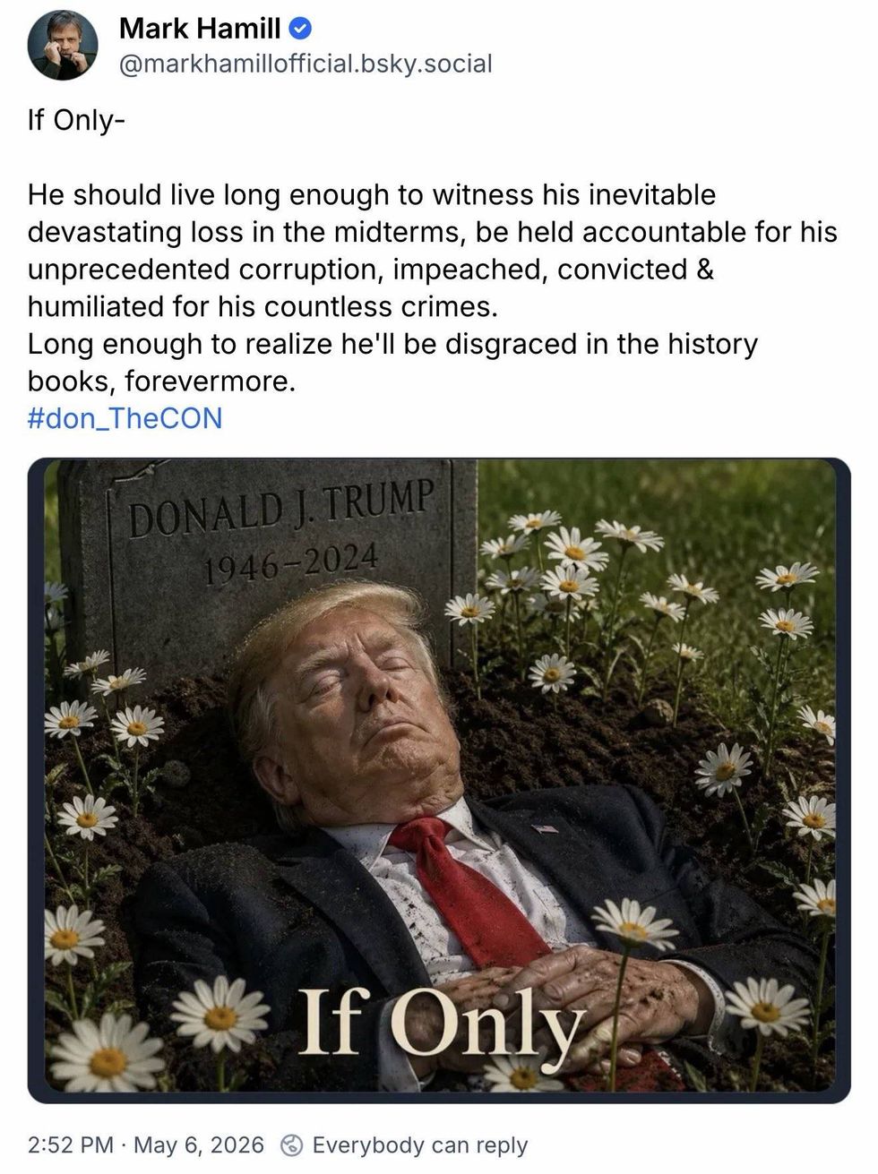 Star Wars actor Mark Hamill has deleted an AI-generated image that depicted President Donald Trump lying in a grave, following intense backlash including sharp criticism from the White House.
