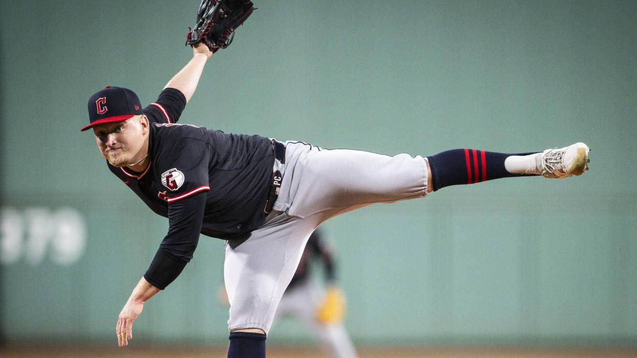 Starting pitcher nParker Messick #77 of the Cleveland Guardians throws in the first inning against the Boston Red Sox at Fenway Park