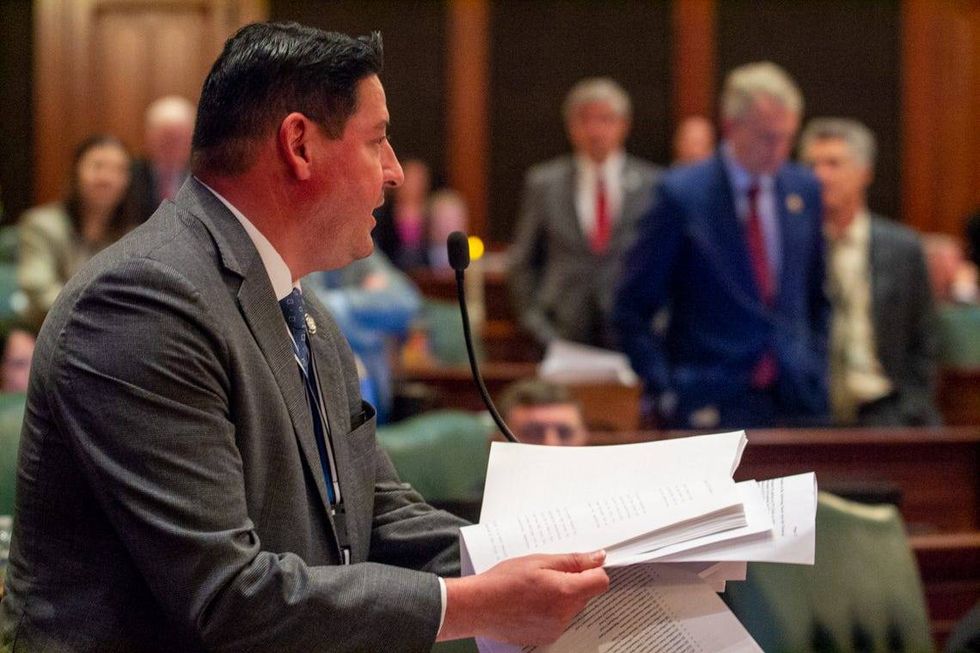 State Rep. John Cabello, R-Machesney Park, points out infrastructure projects that he describes a "pork" in the state budget on Saturday, May 31.