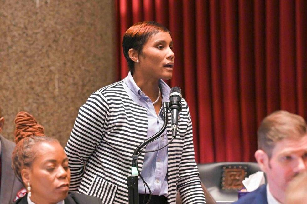 State Rep. Raychel Proudie, a Democrat from Ferguson, speaks on the House floor in February