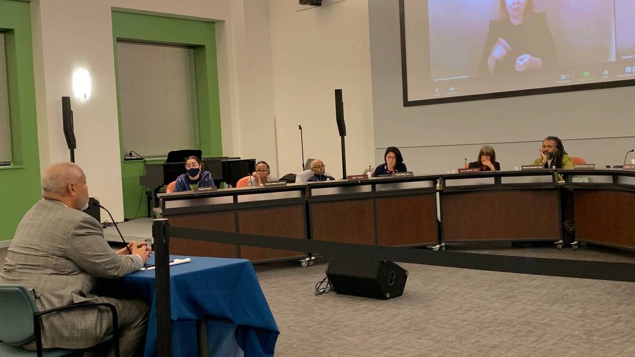 State Sen. Anthony Williams (left) testifies before the Philadelphia School Board on Feb. 23, 2023.