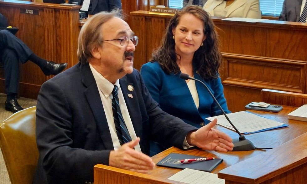 State Sen. Maggie Nurrenbern, right, listens as Clay County Presiding Commissioner Jerry Nolte speaks Monday in favor of her bill authorizing a Clay County sports and convention center authority