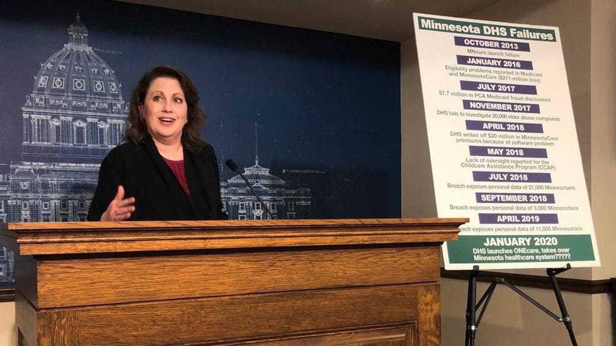State Sen. Michelle Benson reacts at a news conference on Wednesday, April 10, 2019 at the Minnesota State Capitol in St. Paul to a report by the state's legislative auditor on combatting fraud in Minnesota's Child Care Assistance Program.