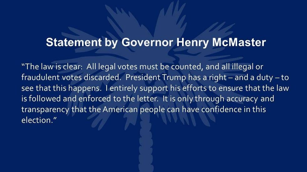 Statement by Governor Henry McMaster on November 6, 2020