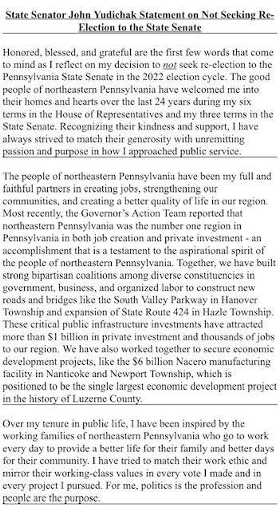 Statement by Senator John Yudichak
