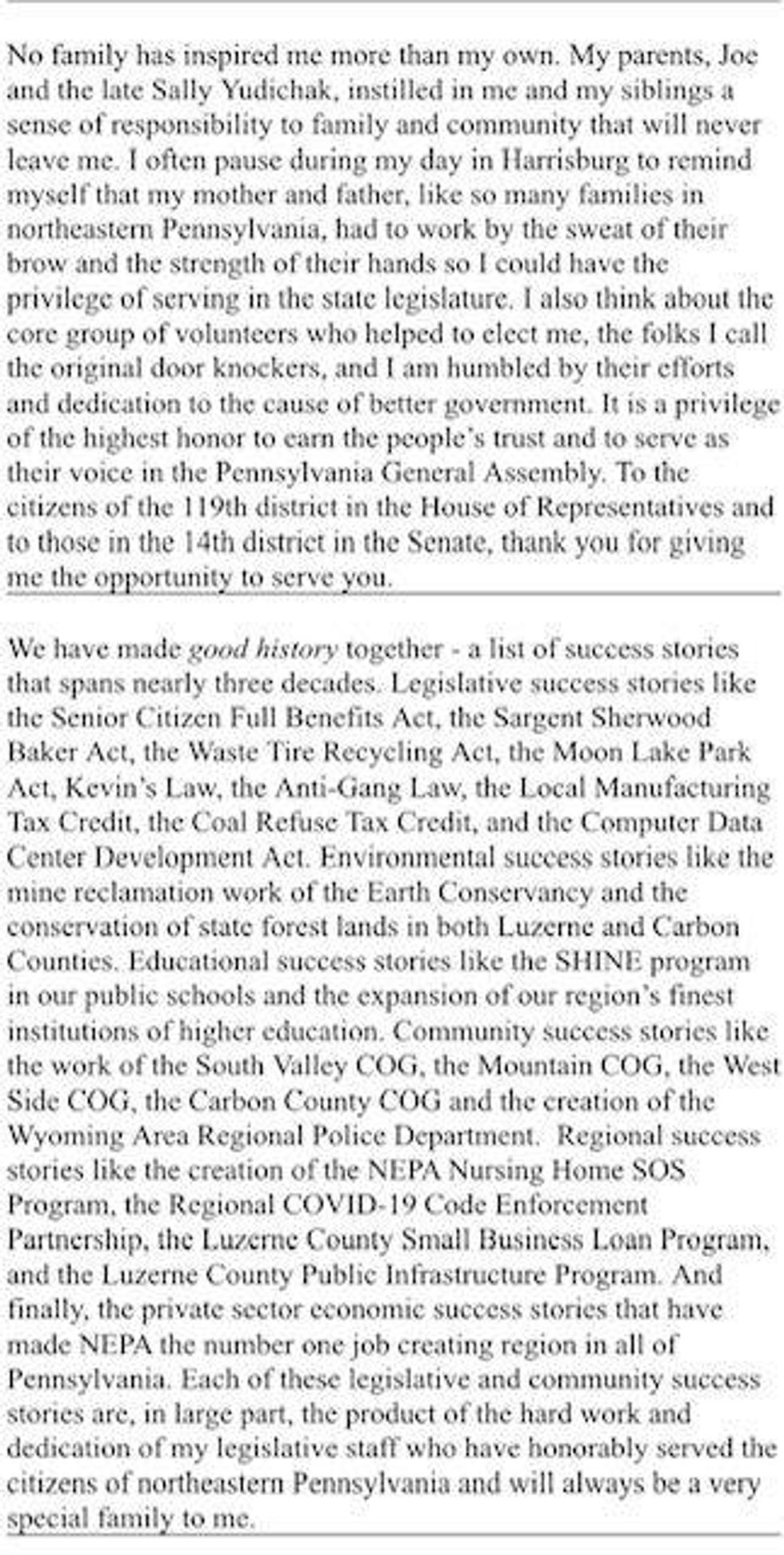 Statement by Senator John Yudichak