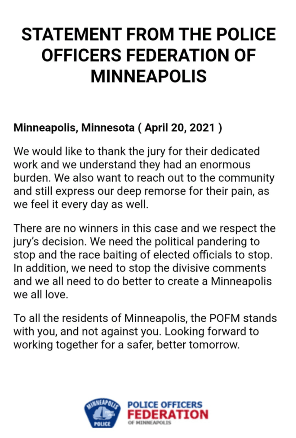 Statement from Police Officers Federation of Minneapolis