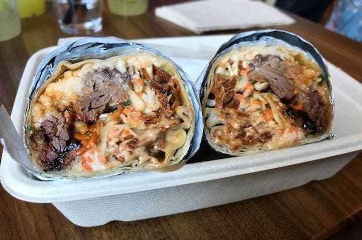 Steak burrito on paper tray