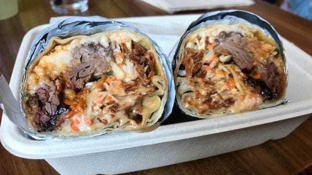Steak burrito on paper tray