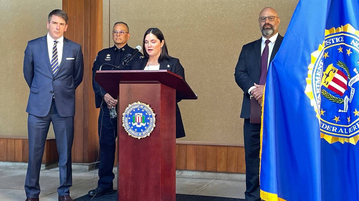 Stephanie Shark, assistant special agent in charge of the FBI Portland field office, speaks at a press conference in Portland, Ore., on Aug. 2, 2023; accompanied by John Casolino (left), senior assistant attorney general of the Criminal Justice Division of the Oregon Department of Justice; Klamath Falls Police Capt. Rob Reynolds (second from left); and Assistant U.S. Attorney Nathan Lichvarcik (right). The press conference was held to discuss the case of an Oregon man facing a federal interstate kidnapping charge after he posed as an undercover police officer to kidnap a woman in Seattle, drove her hundreds of miles to his home in Oregon and locked her in the cinderblock cell until she bloodied her hands breaking the door to escape.