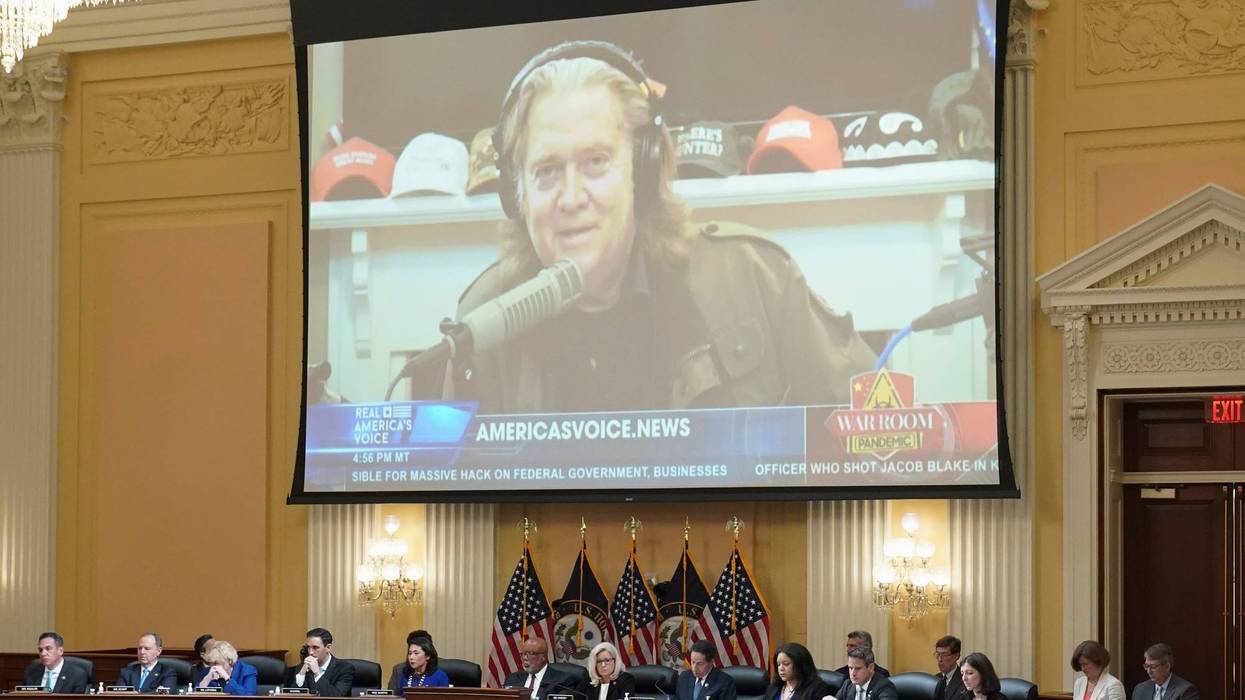 Steve Bannon, former White House advisor to former President Donald Trump is seen on a video display during the seventh hearing held by the Select Committee to Investigate the January 6th Attack on the U.S. Capitol on July 12, 2022 in the Cannon House Office Building in Washington, DC.