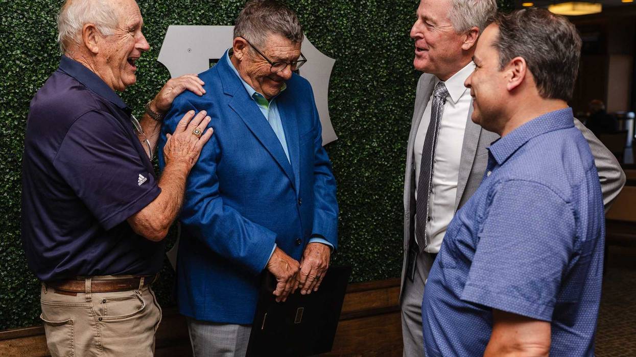 Steve Blass laughs with Lanny Frattare and Greg Brown