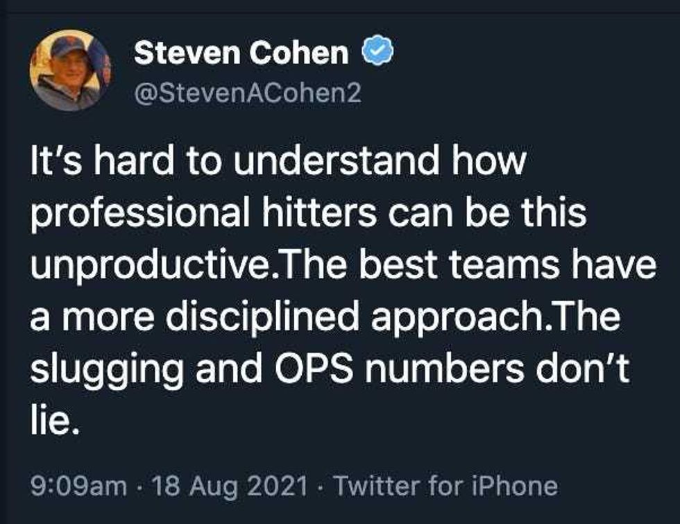 Steve Cohen rips the Mets in a tweet.