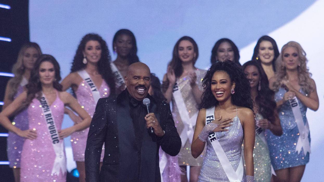 Steve Harvey and Clémence Botino of France speak onstage at the 70th Miss Universe Competition on December 12, 2021 in Eilat, Israel.