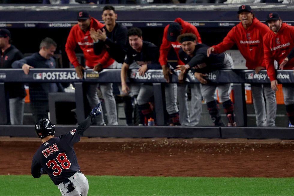 Steven Kwan #38 of the Cleveland Guardians celebrates after hitting a solo home run against Gerrit Cole #45 of the New York Yankees during the third inning in game one of the American League Division Series at Yankee Stadium on October 11, 2022