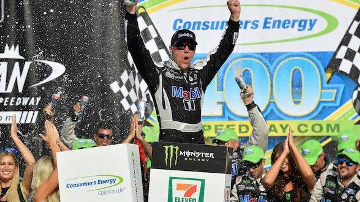 Stewart Haas Racing's Kevin Harvick Celebrates In Victory Lane At Michigan International Speedway