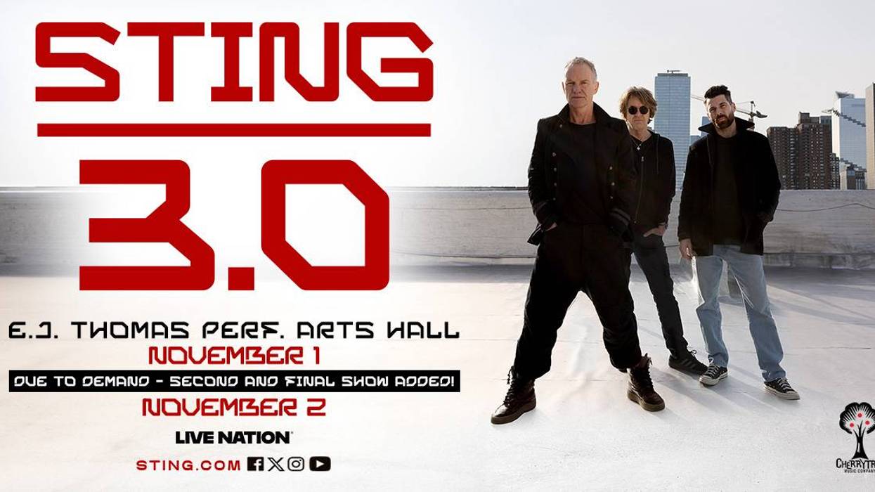 Sting 3.0 concert poster: Sting and two band members on a rooftop with city skyline. Nov 1 & 2.