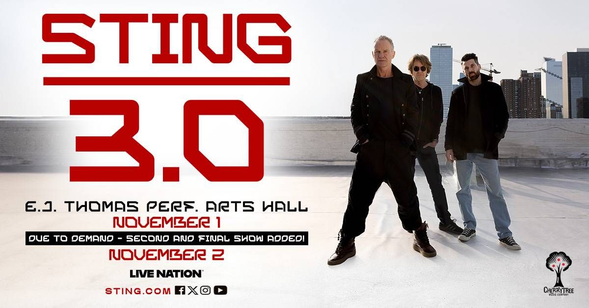 STING 3.0 tour poster: Sting & two musicians on rooftop, city skyline. Concert Nov 1 & 2.