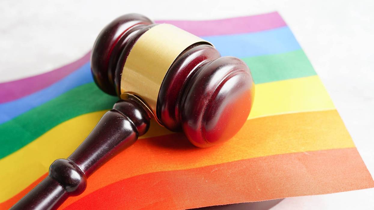 Stock image of gavel and rainbow flag
