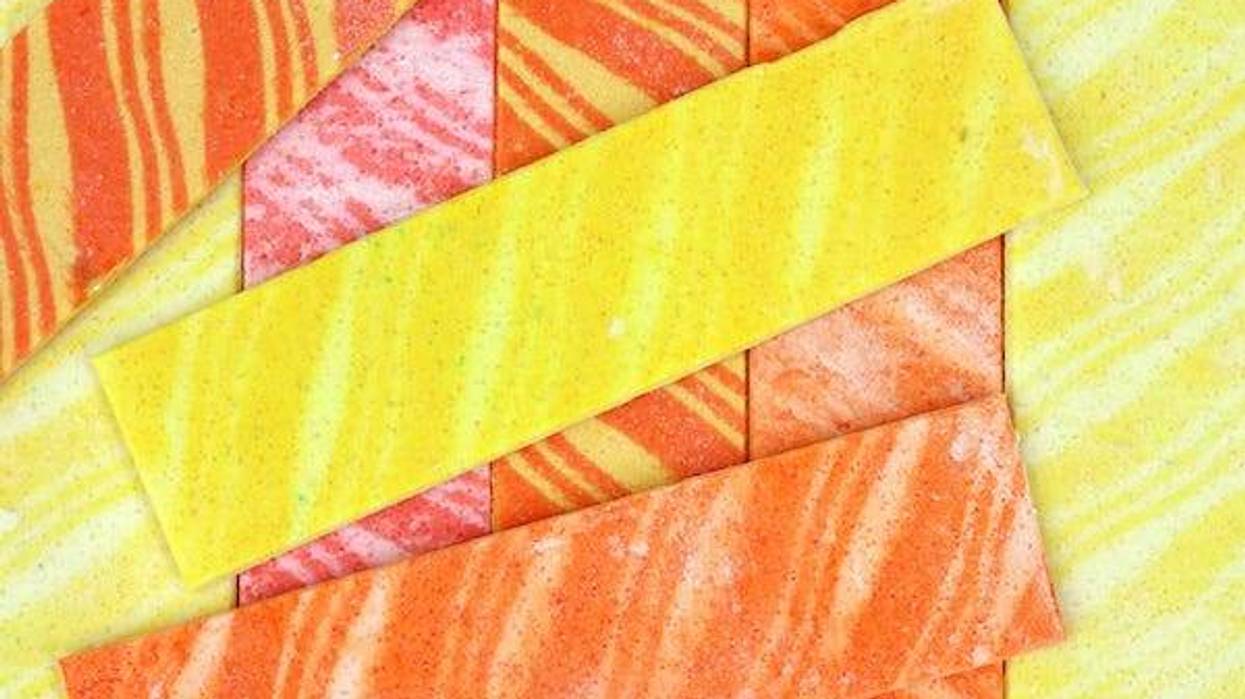 Strips of colorful, striped chewing gum