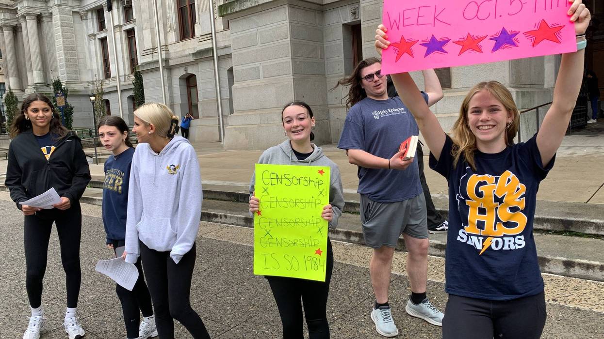 Students from George Washington High School rally outside City Hall Wednesday, Oct. 8, 2025.