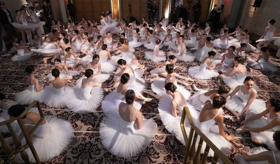 Students from the Youth America Grand Prix gather to break the Guinness World Record for Most Ballerinas En Pointe Simultaneously at The Plaza Hotel on April 17, 2024 in New York City. (Photo by John Nacion/Getty Images)