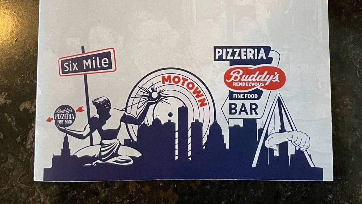 Stylized graphic for Buddy's Pizzeria featuring Detroit skyline, Motown, Six Mile sign, and fist.