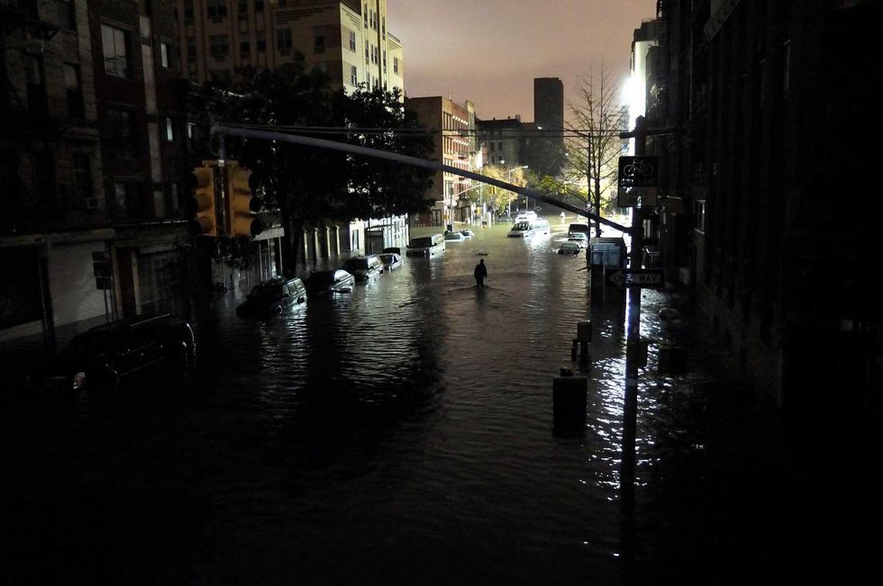Submerged cars at Avenue C and 7th Street in the East Village on Oct. 29, 2012