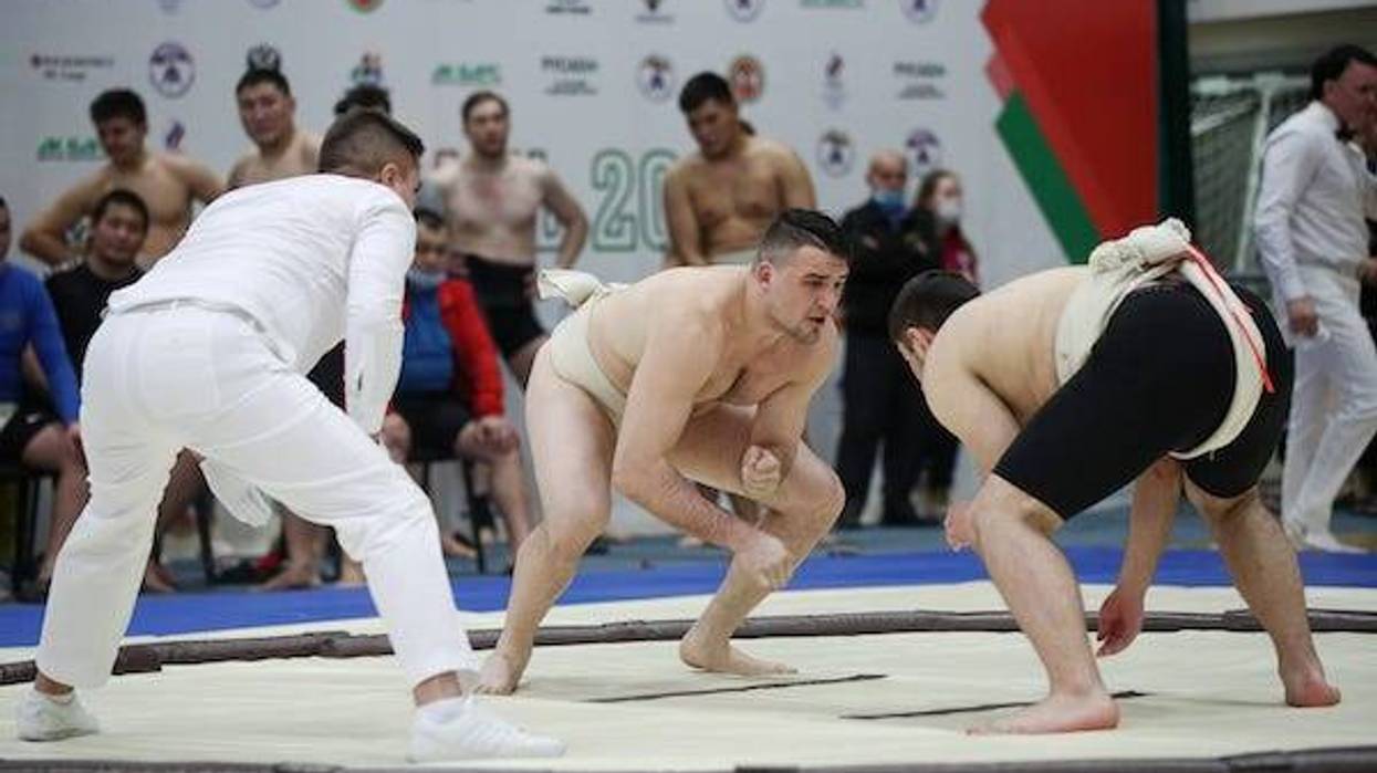 Sumo wrestlers in their men's match at the 2021 Russian Sumo Championship