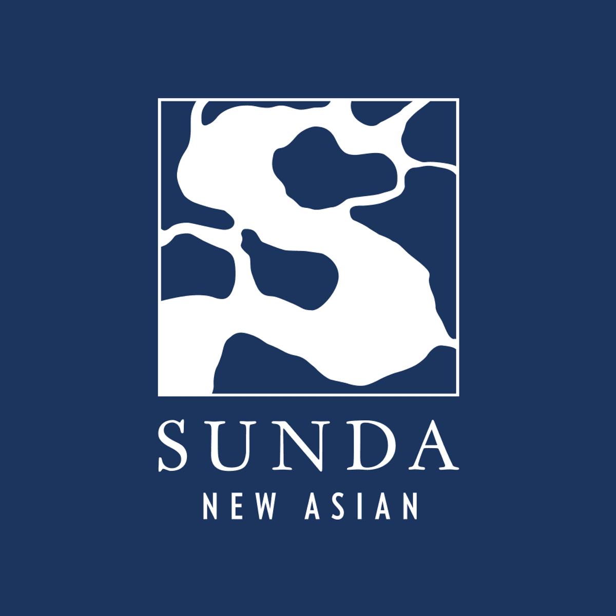 Sunda New Asian logo: white S-shaped pattern in a blue square, on dark blue background.