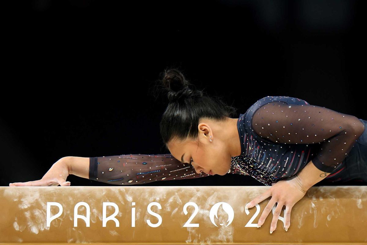 Sunisa Lee of Team United States practices on the balance beam during a Gymnastics training session in the Bercy Arena ahead of the Paris 2024 Olympic Games on July 25, 2024 in Paris, France.