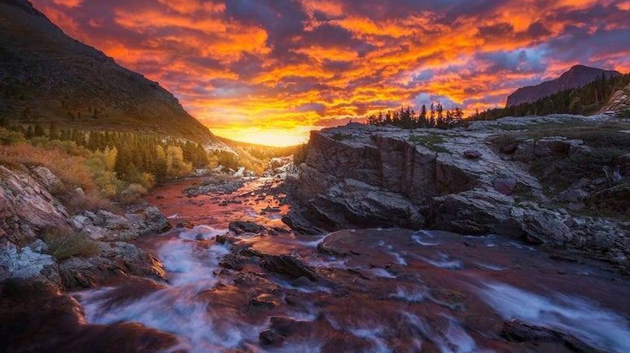 Sunrise, Swiftcurrent Falls in Many Glacier, Glacier National Park, Montana