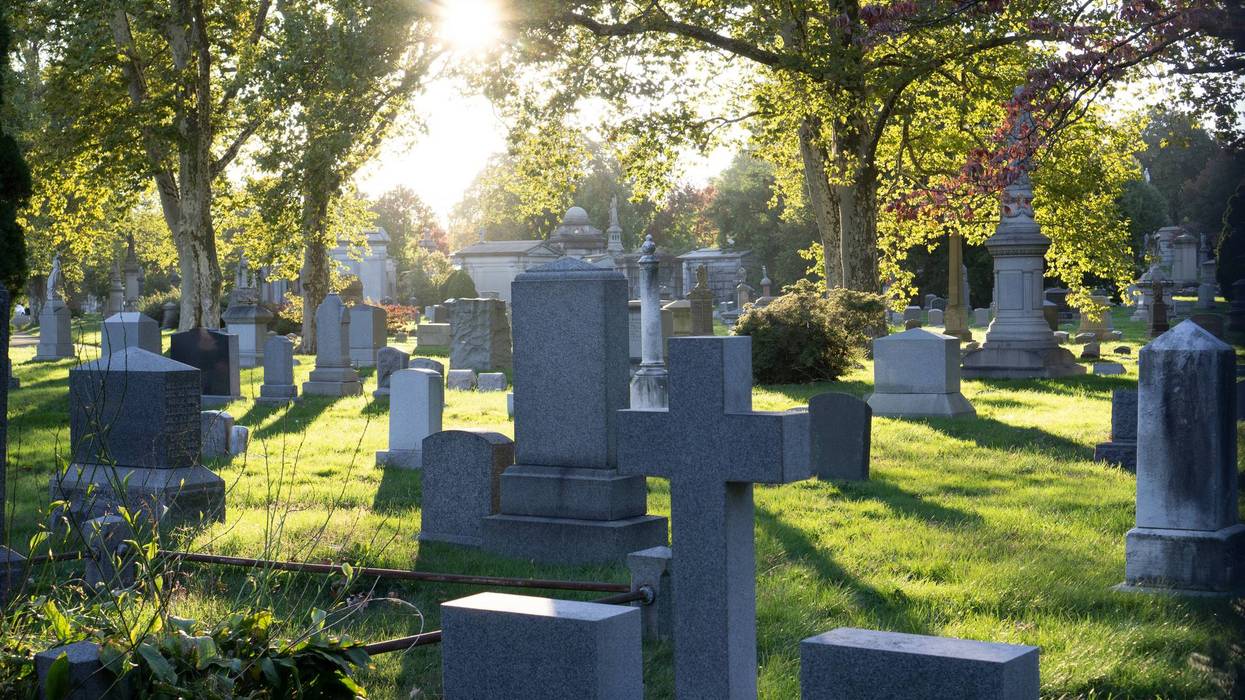 Sunset at the cemetery. Graveyard, tombstones in green area of trees and grass during fall season