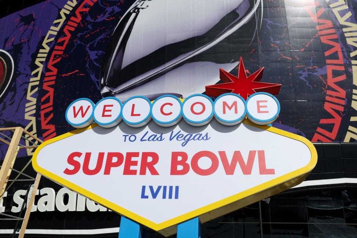 Super Bowl LVIII signage is seen outside of Allegiant Stadium on February 07, 2024 in Las Vegas, Nevada.