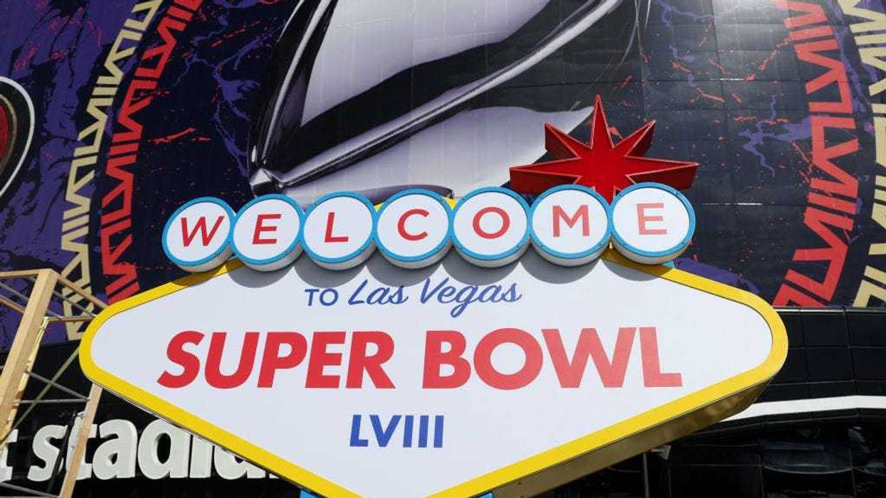 Super Bowl LVIII signage is seen outside of Allegiant Stadium on February 07, 2024 in Las Vegas, Nevada.
