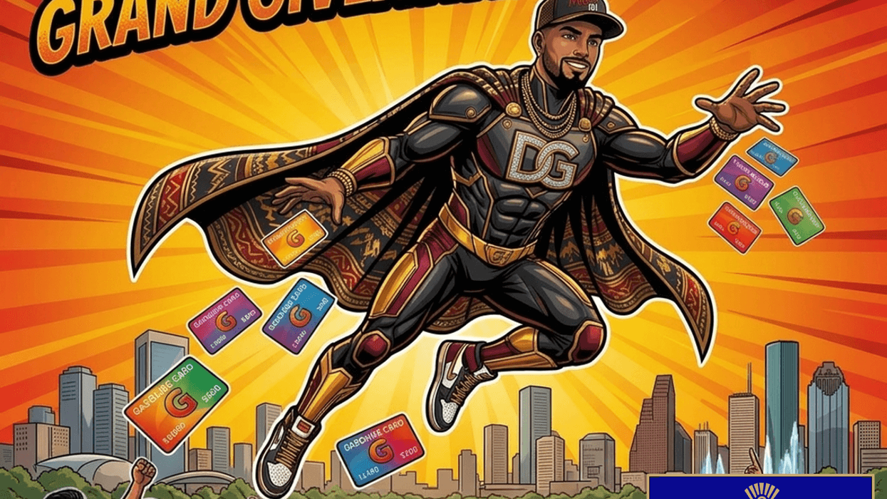 Superhero Daddy Gasolina flies about the citizens of Houston dropping gift cards on cheering people. Domingo Garcia Law Office logo at the bottom of the image