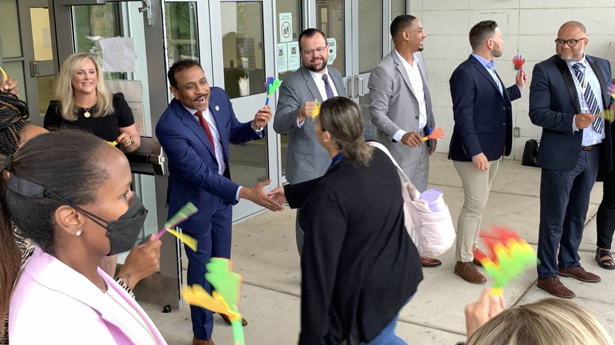 Superintendent Tony Watlington greets new teachers reporting for orientation at West Philly's School of the Future on Wednesday, Aug. 7, 2024.
