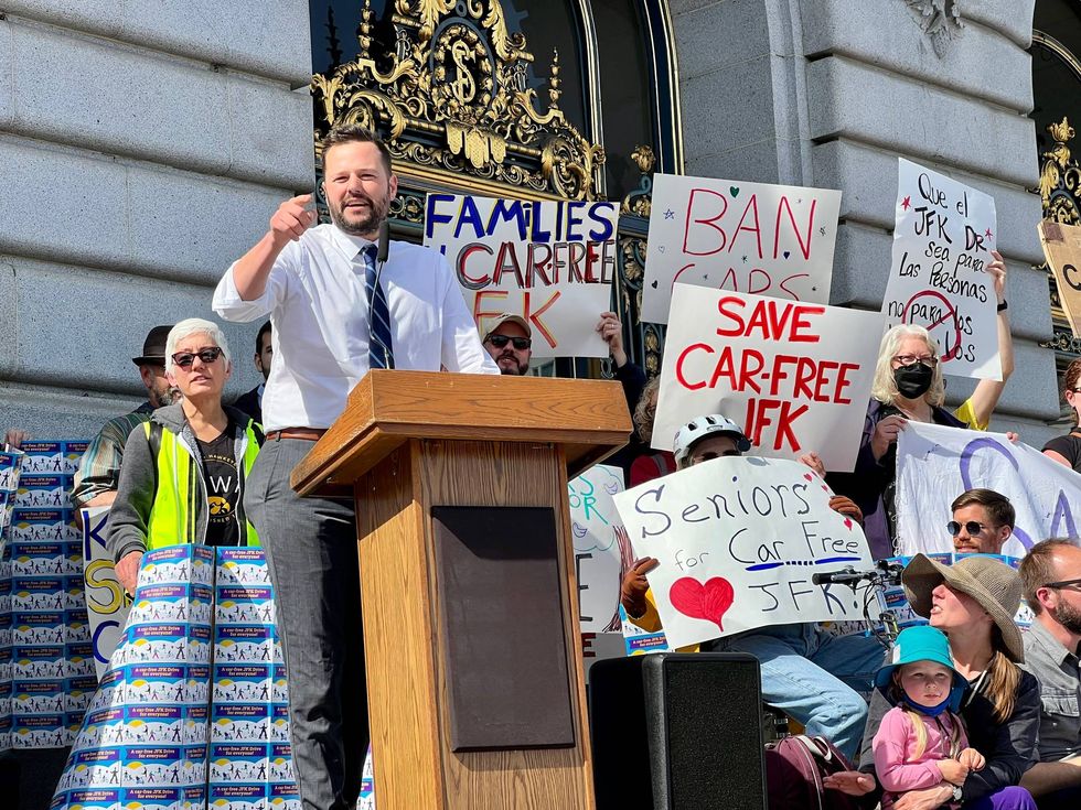 Supervisor Matt Haney joined a rally on the steps of City Hall as one of three members of the Board of Supervisors who wants to make JFK Drive car-free for good.