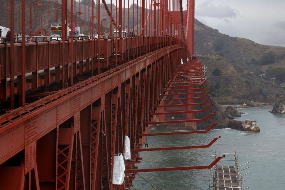 Support struts that are part of the new suicide prevention net are visible on the Golden Gate Bridge on December 13, 2019 in San Francisco, California.