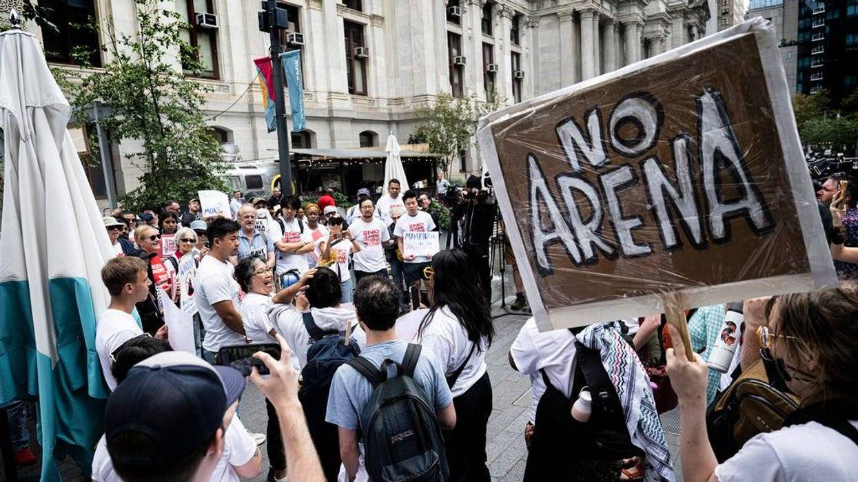 Supporters and Chinatown community leaders gather during a "No Sixers arena rally" on Wednesday, Sept. 18, 2024, outside Philadelphia City Hall in Philadelphia.