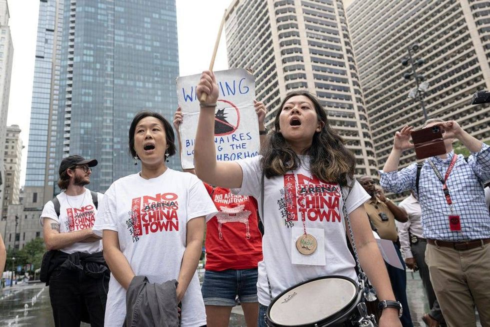 Supporters and Chinatown community leaders gathered during a "no Sixers arena rally" on Wednesday, Sept. 18, 2024, outside Philadelphia City Hall in Philadelphia.