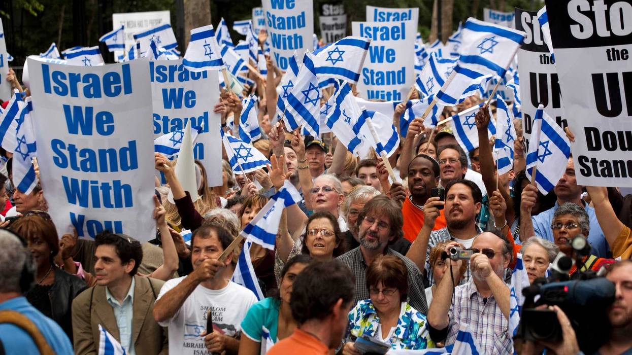 Supporters of Israel protest in Dag Hammarskjold Plaza across the street from the United Nations during the 66th General Assembly Session on September 21, 2011 in New York City.