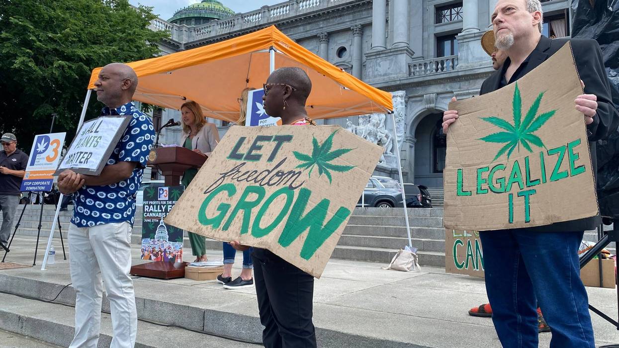 Supporters of legalizing cannabis for adult use rally outside the state Capitol in Harrisburg on June 27, 2023.