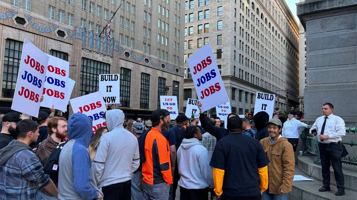 Supporters of the proposed 76ers arena demonstrate outside of City Hall on Oct. 24, 2024.