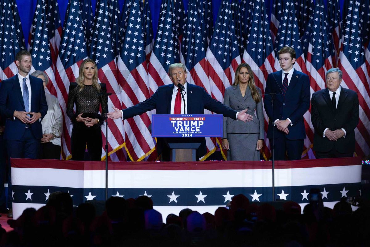 Surrounded by family members and supporters, Donald Trump makes his acceptance speech at his Election Night Watch Party at the Palm Beach County Convention Center after being elected the 47th President of the United States