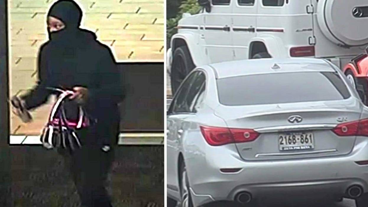 Surveillance photo of a shoplifting and assault suspect, and a photo of a vehicle believed to be involved.