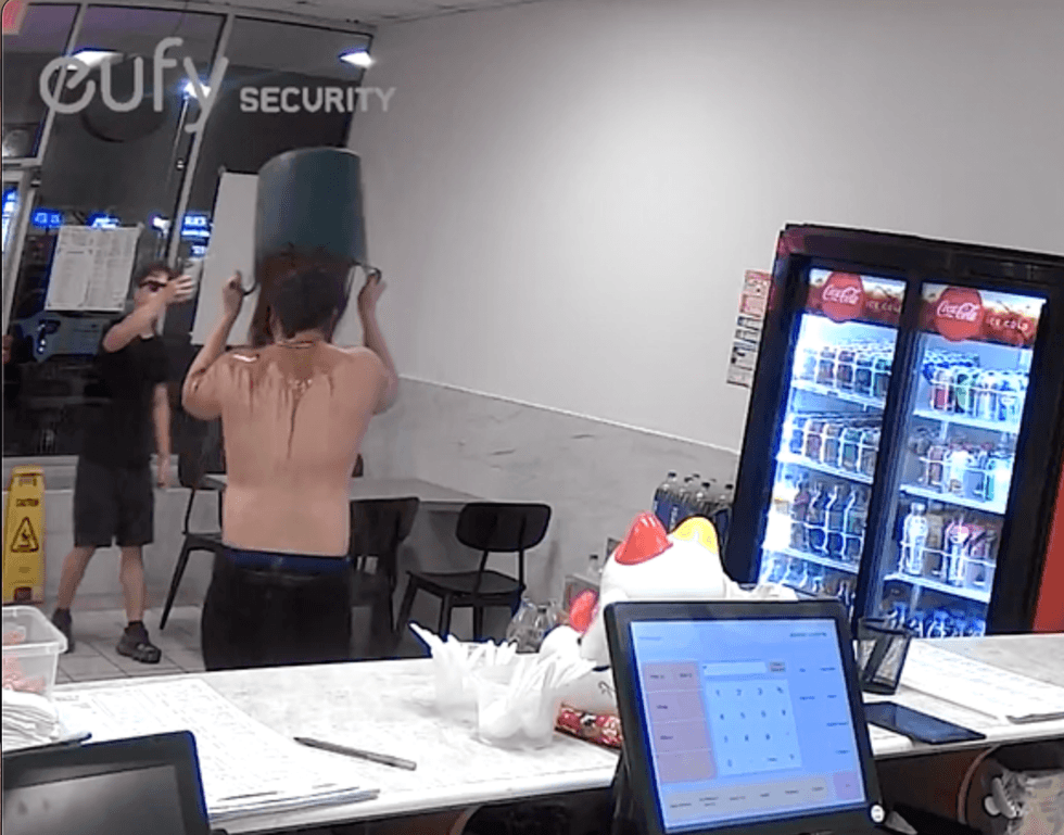 Surveillance video shows a man alleged to be Vazquez dumping beans on himself at Wing Wah in Centereach