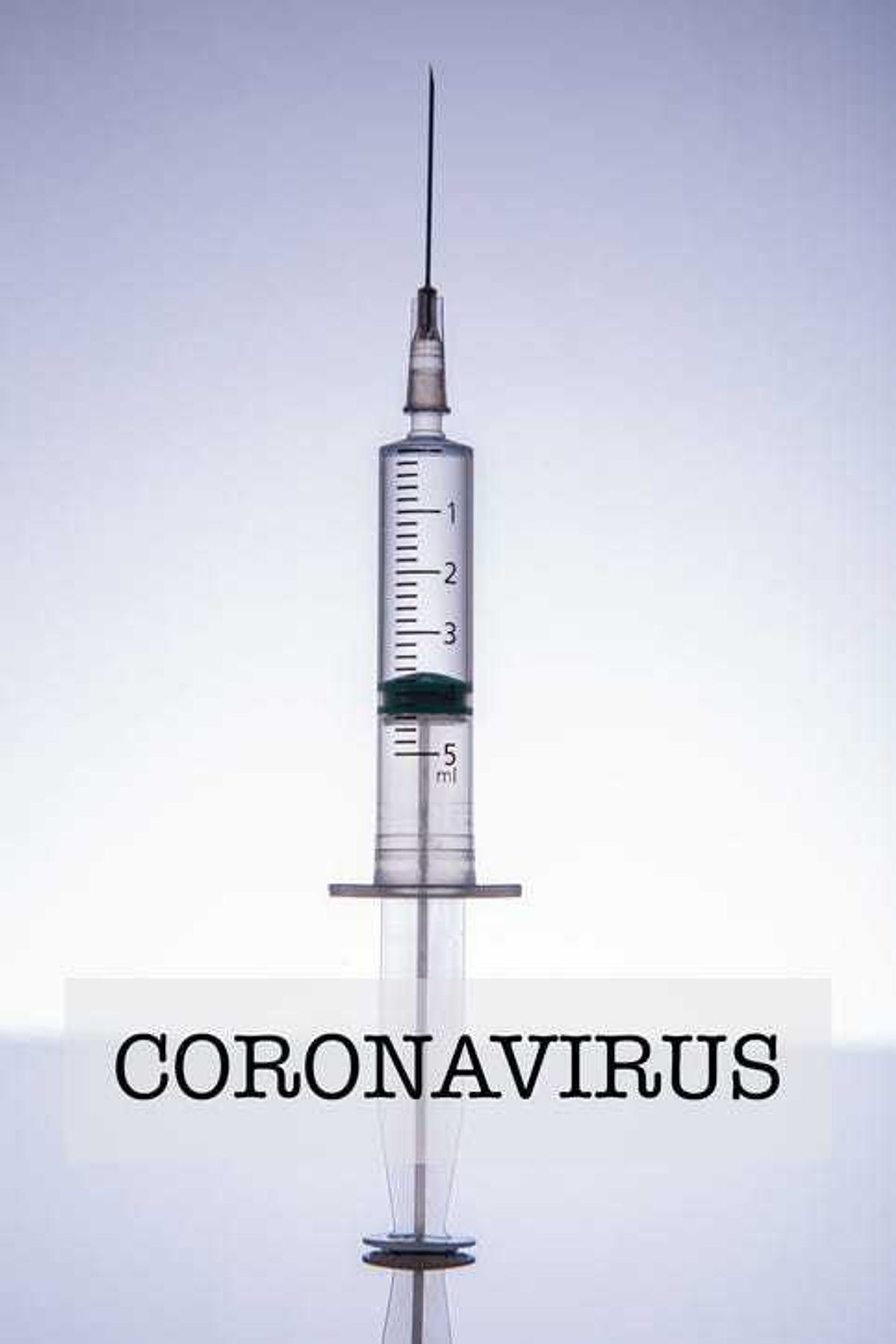 Syringe with COVID-19 vaccine on white background with Coronavirus inscription
