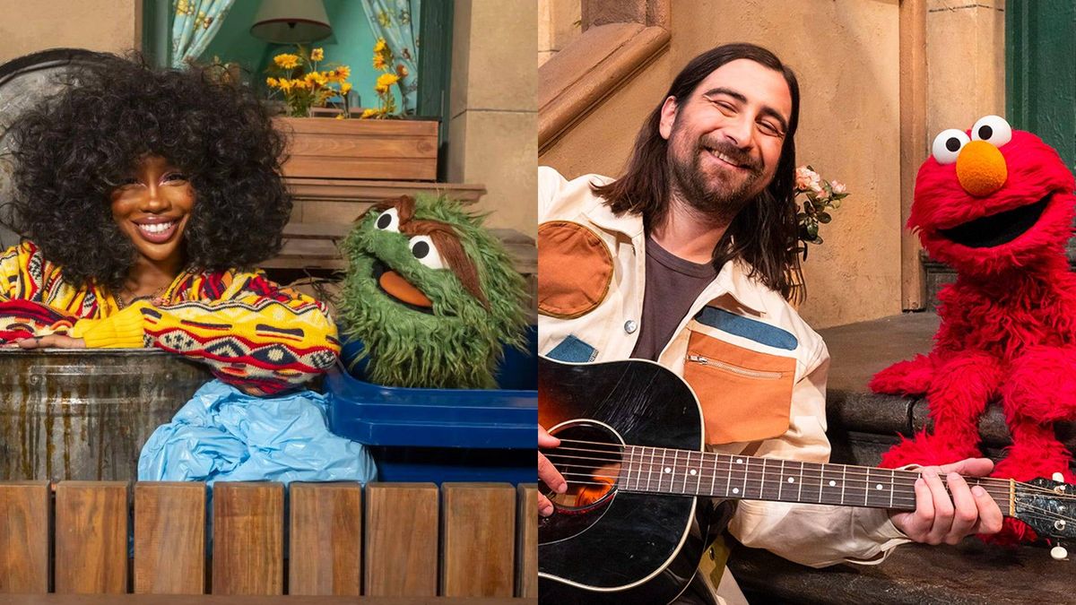 SZA with Oscar the Grouch and Noah Kahan with Elmo on the set of Sesame Street